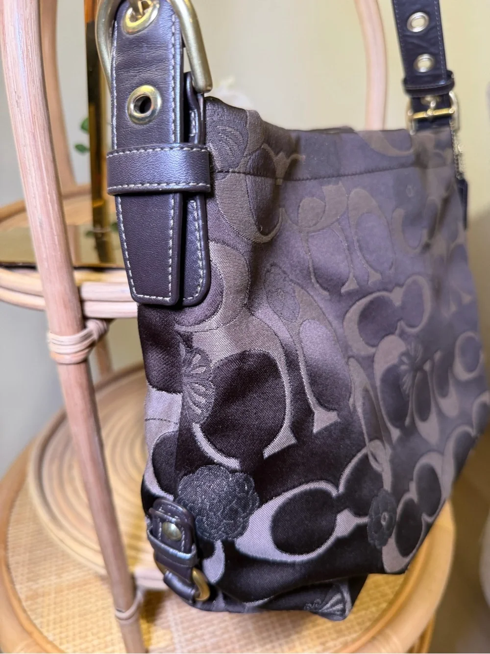 Rare Coach Signature Jacquard Shoulder Bag in Brown flowers butterfly